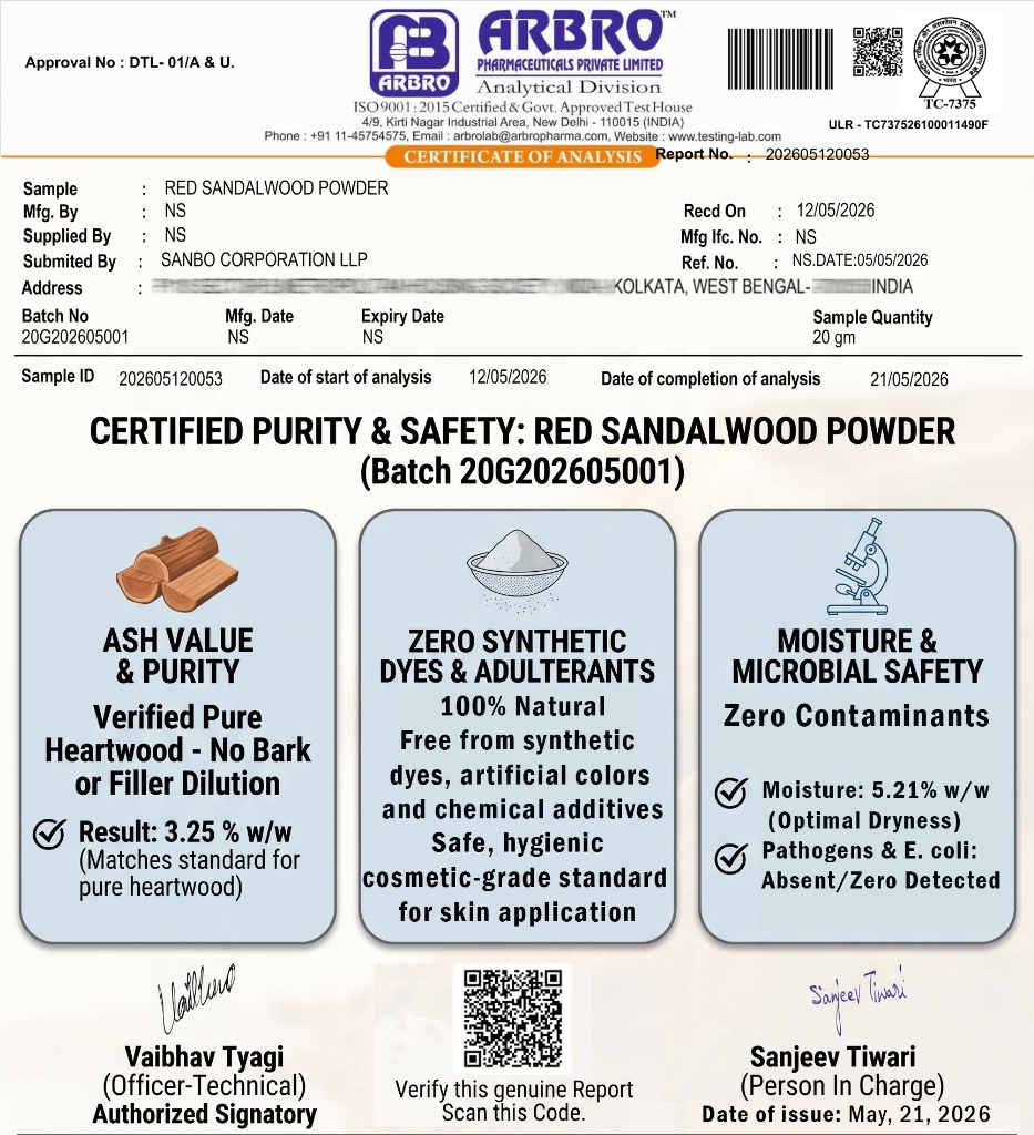 Certified Purity & Safety: Red Sandalwood Powder ARBRO Lab Test Analysis (Batch 20G202605001)